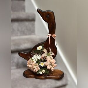 Vtg Cottagecore Duck Figurine Handcrafted Wood Floral Farmhouse Home Decor